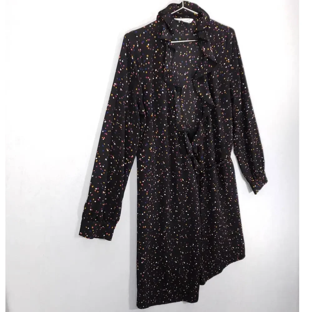 Popsugar Wrap Dress Womens Medium Black Multicolor‎ Stars Ruffle Neck Lined Mini